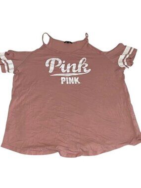 Ambiance 2X Pink Cold Shoulder Graphic Tee With Striped Sleeves